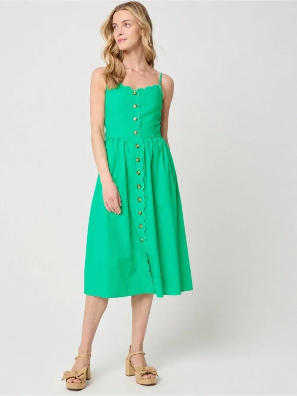 J. Crew Green Scallop-Trim Button Front Midi Dress 10P NWT